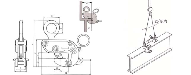 HA-110三木橫吊鋼板鉗尺寸圖與使用圖