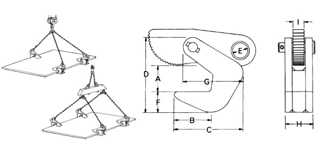 HOS型橫吊鋼板鉗使用圖與尺寸圖：龍海起重工具