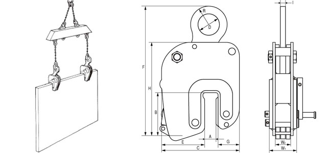 NNE型無(wú)傷豎吊鋼板鉗使用圖與尺寸圖：龍海起重工具